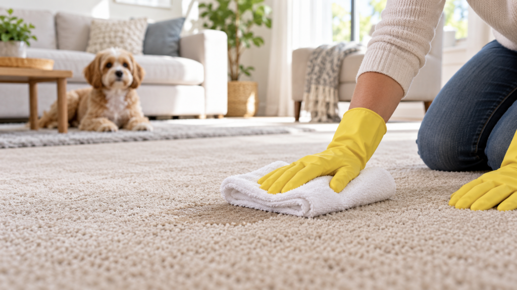 Person blotting a damp carpet spot with white towels after a dog accident.