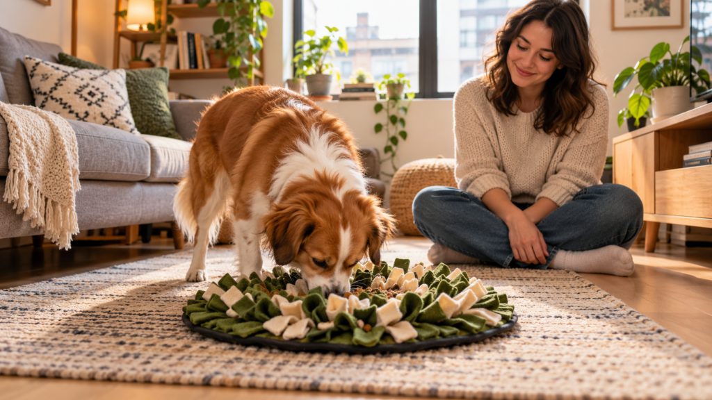 Dog searching for kibble on a snuffle mat in a small apartment living room.