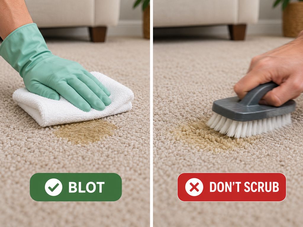 Side-by-side comparison of blotting carpet with a white towel versus scrubbing with a brush.