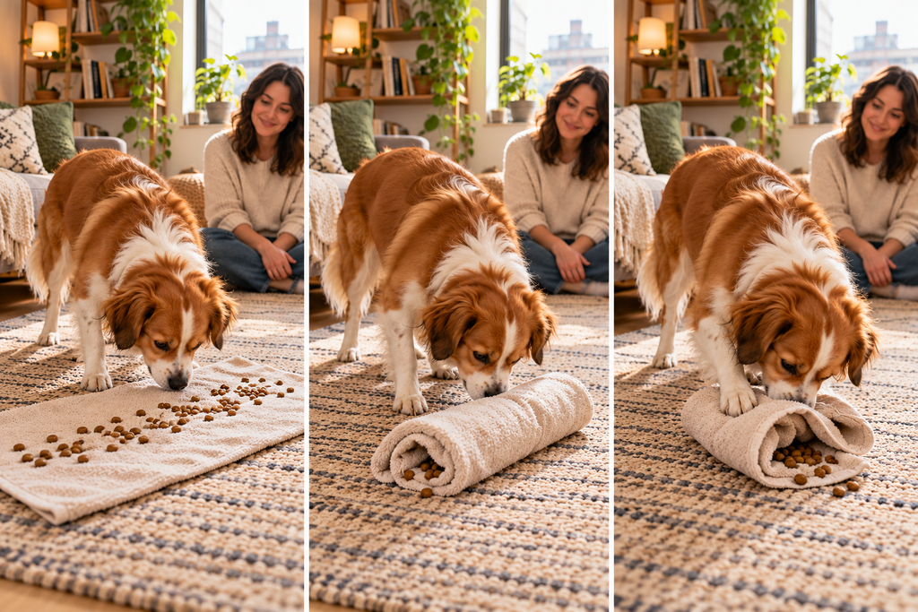 Three steps of a dog enrichment game: placing kibble on a towel, rolling it loosely, and letting a dog unroll it.