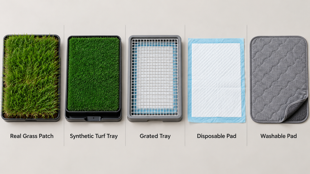 Five indoor dog toilet options compared: real grass patch, synthetic turf tray, grated tray, disposable pee pad, and washable pee pad.