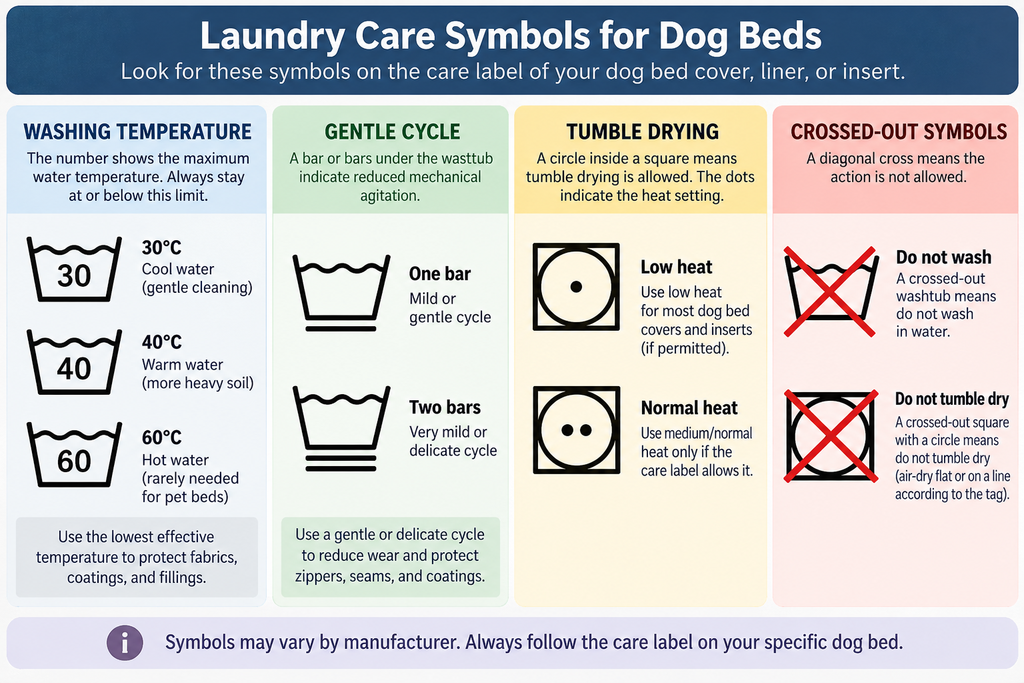 Laundry care symbols for maximum wash temperature, gentle cycles, tumble drying, and no washing or tumble drying