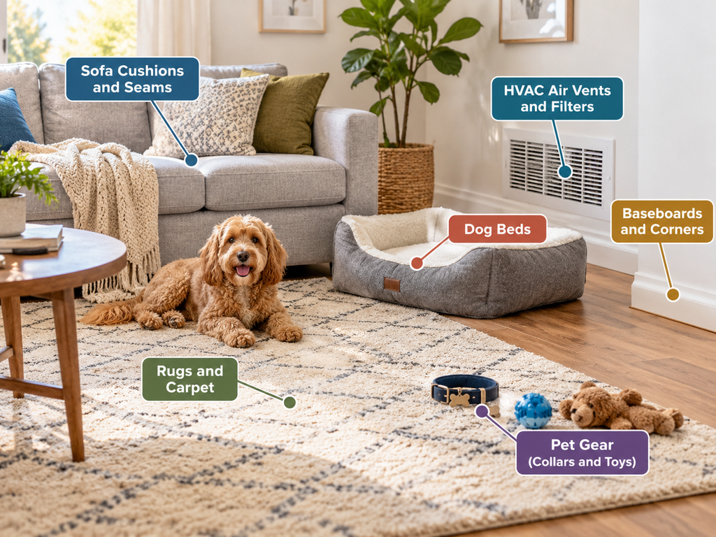 Illustration identifying dog odor hotspots around a home, including bedding, sofa seams, rugs, baseboards, pet gear, and air vents.