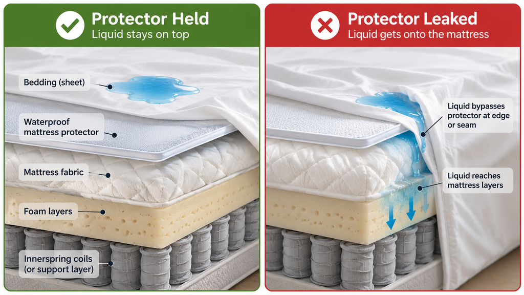 Diagram showing a waterproof mattress protector blocking liquid and how urine can leak past an edge onto the mattress.