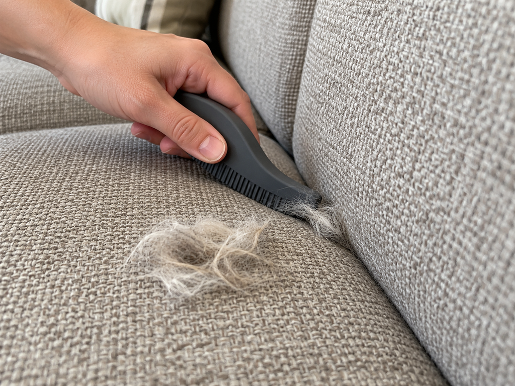 Hand using a rubber pet hair removal tool to collect loose dog hair from the seam of a grey fabric sofa.