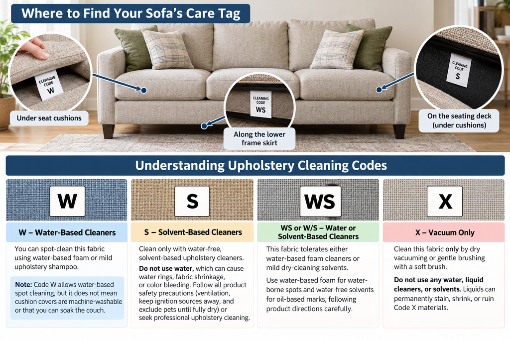 Illustration showing where to find sofa care tags and the upholstery cleaning codes W, S, WS, and X.