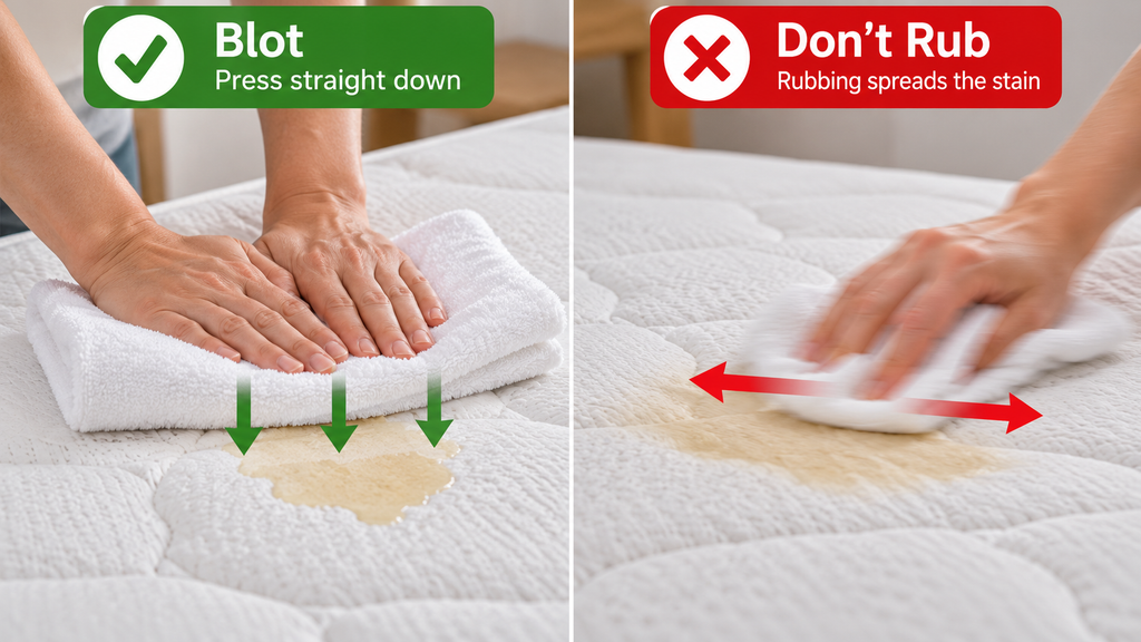 Side-by-side demonstration of pressing a towel onto a mattress stain instead of rubbing across the fabric.
