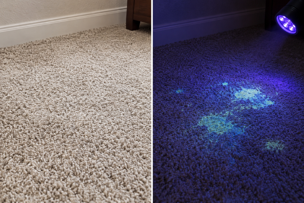Same carpet under normal light and UV light, showing fluorescent patches visible under ultraviolet illumination.