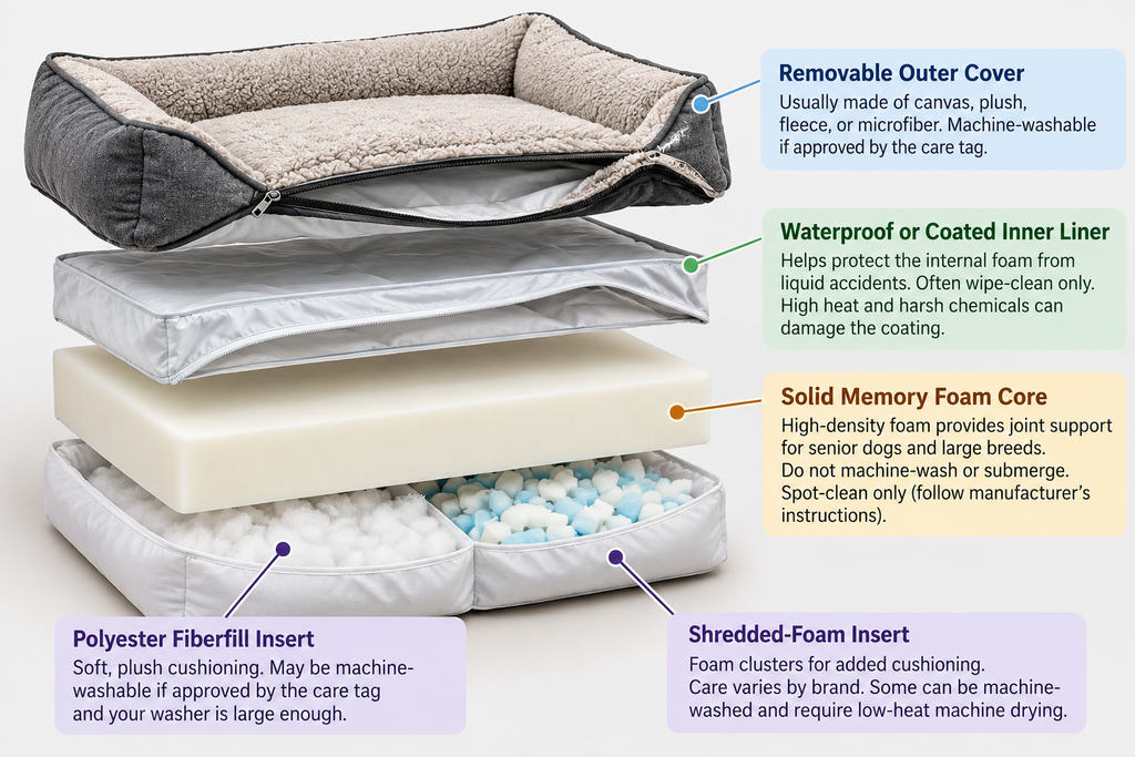 Exploded view of a dog bed showing a removable cover, protective liner, and solid foam core