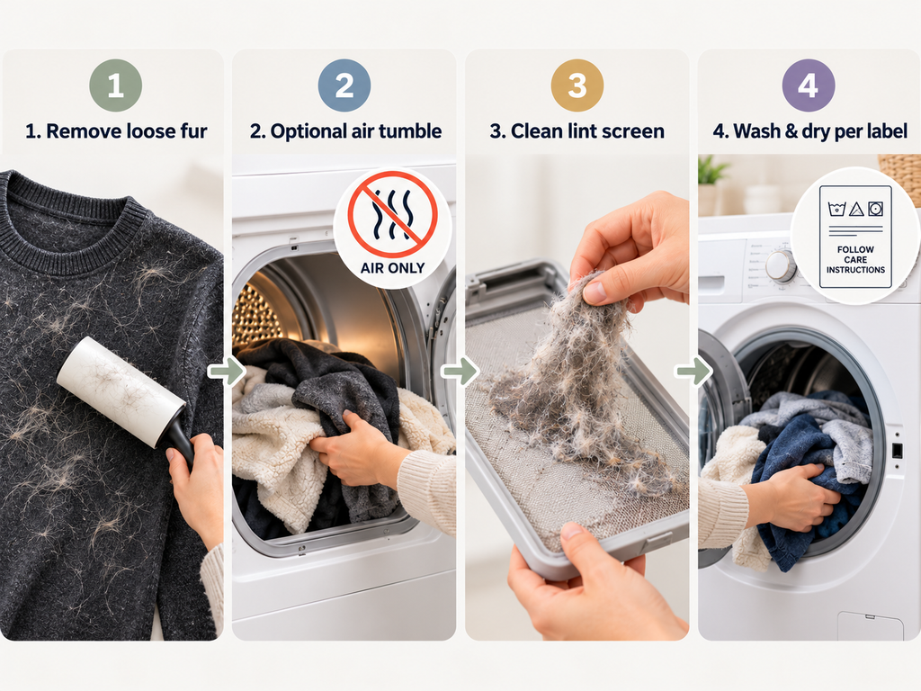 Four-step guide showing how to remove pet hair from clothes using a lint roller, air-only dryer cycle, lint screen cleaning, and washing.