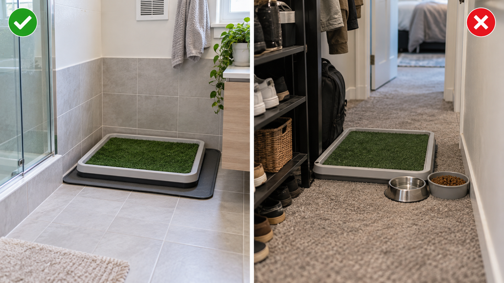 Comparison of a properly positioned indoor dog potty station on a protected tile floor and a poorly positioned station on carpet beside food bowls.