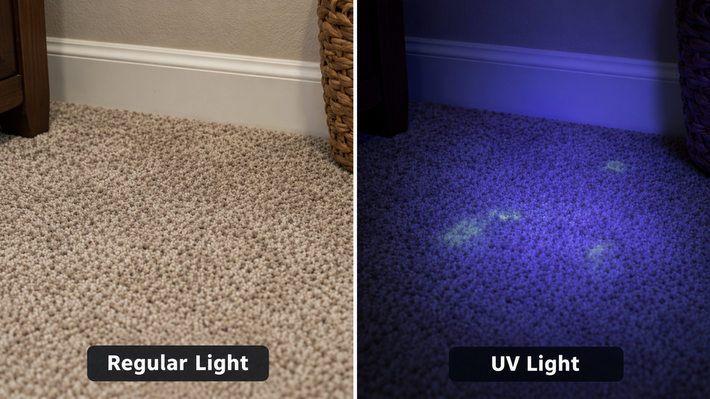 Same carpet under regular lighting and UV light, showing fluorescent patches that may indicate residue but do not confirm urine.