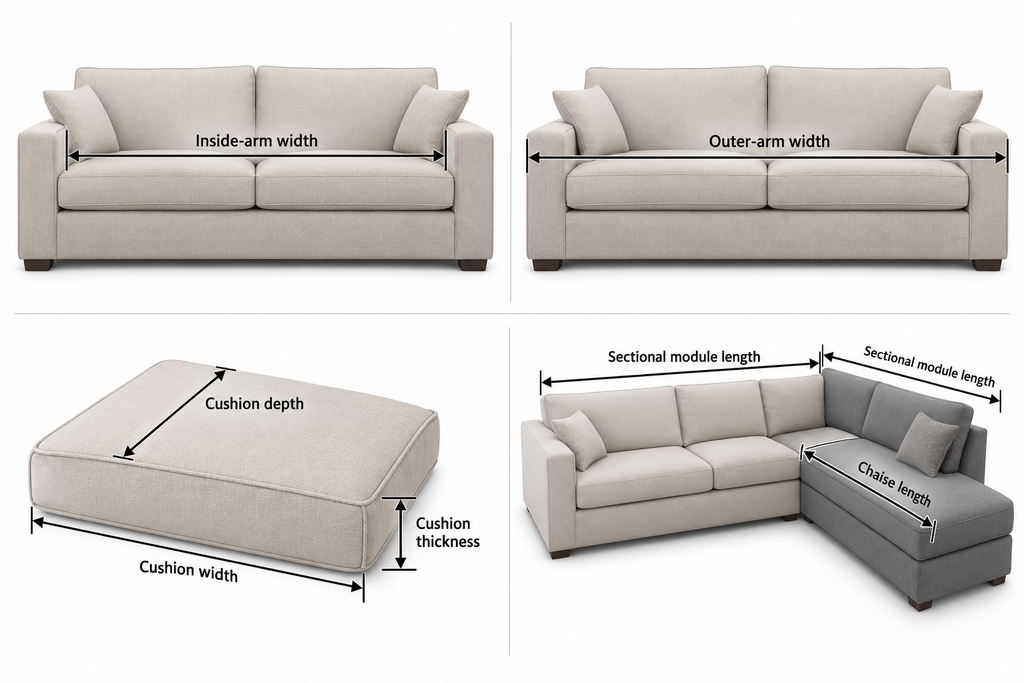 Diagram showing how to measure a sofa, cushions, and sectional correctly for dog sofa covers.