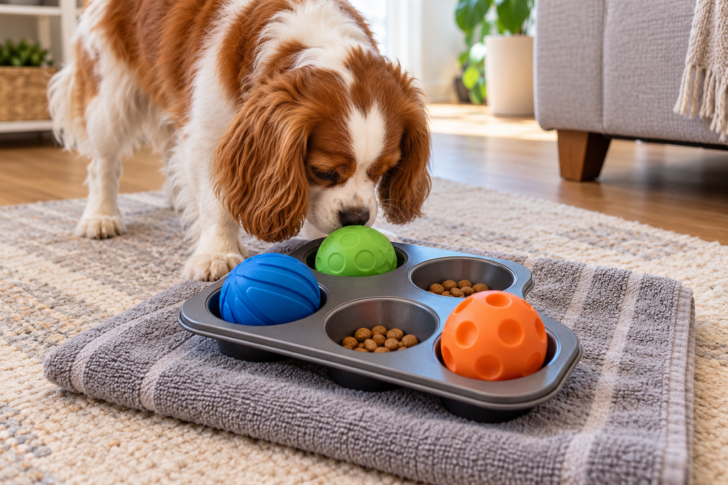 Dog investigating a muffin tin puzzle with kibble and large rubber balls on a towel-covered floor.
