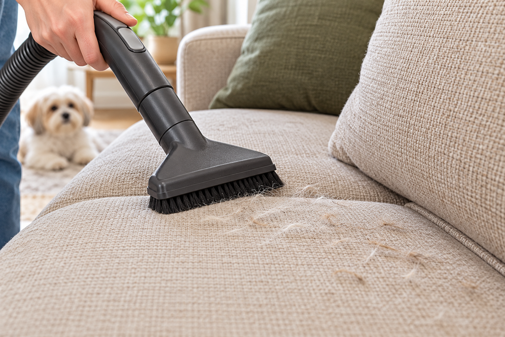 Upholstery vacuum attachment removing dog hair and debris from a fabric couch cushion.