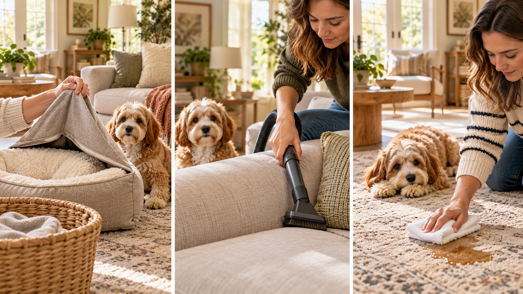 Three dog odor cleaning methods: laundering bedding, vacuuming sofa upholstery, and blotting a carpet spill.