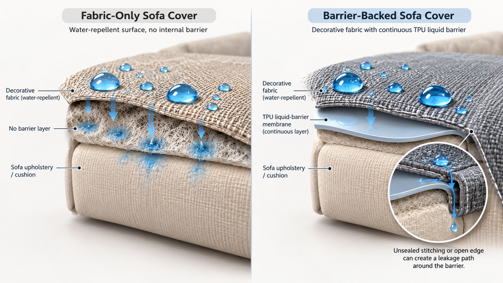 Cutaway comparison showing the difference between a water-resistant sofa cover and a TPU-backed liquid-barrier cover, including possible seam leakage.