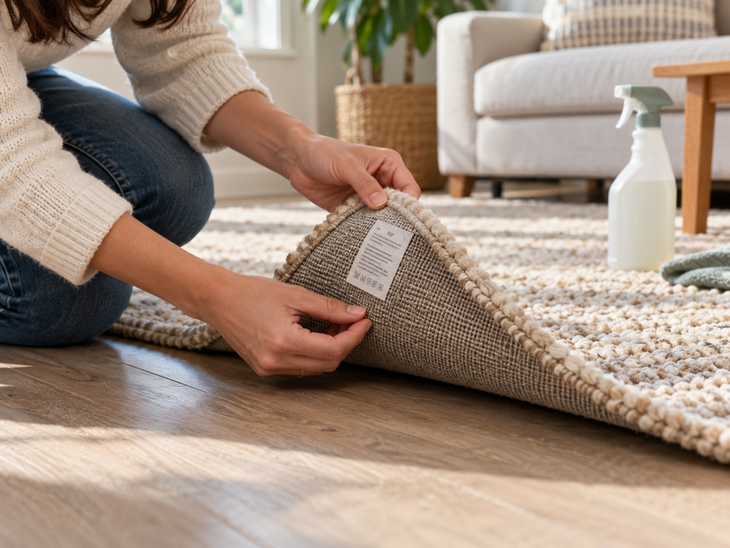 Person checking the care label underneath an area rug before applying a cleaning product.