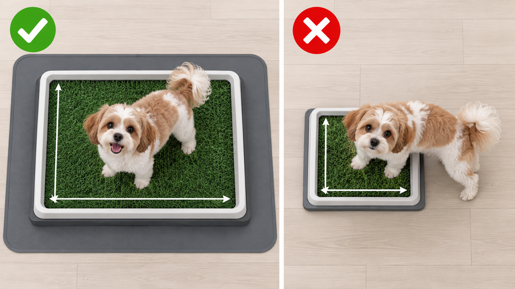 Top-down comparison showing a properly sized indoor dog potty tray with room to turn and waterproof floor protection versus a tray that is too small.