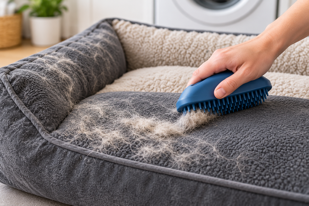 Rubber brush removing loose dog hair from a dry fabric dog bed cover before washing