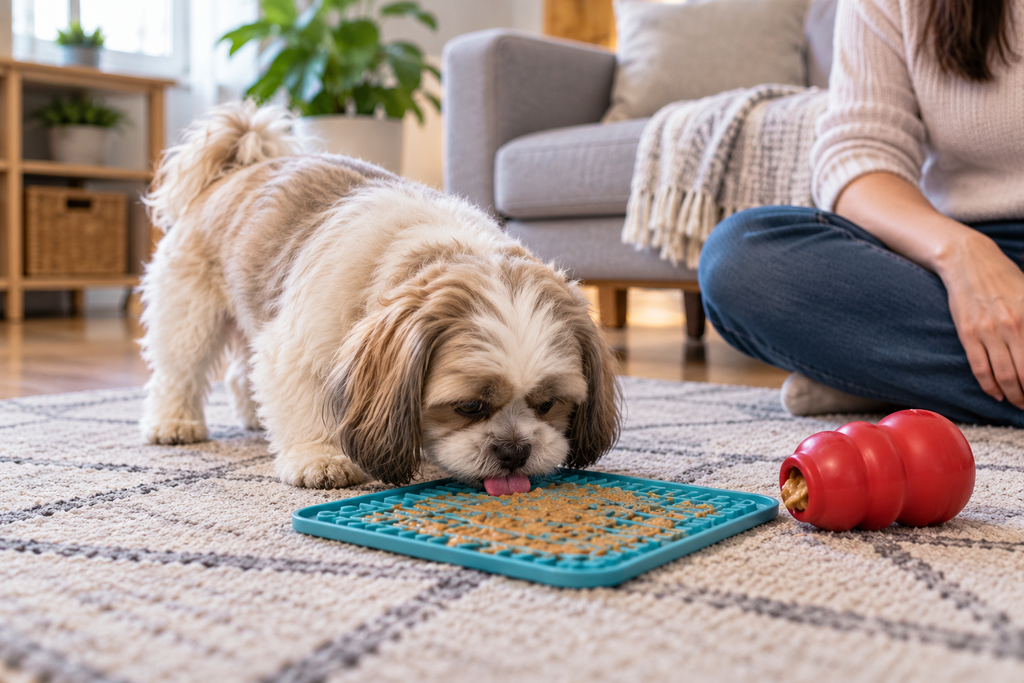 Dog licking wet dog food from a silicone enrichment mat on a non-slip rug.