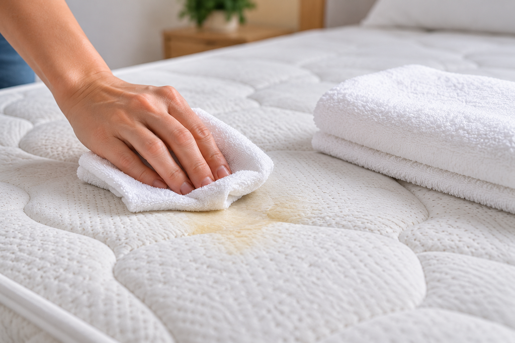 Hand gently dabbing a mattress cover with a white cleaning cloth, with a dry towel nearby.