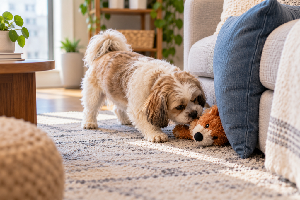 Dog finding a plush toy hidden beside a sofa during an indoor enrichment game.