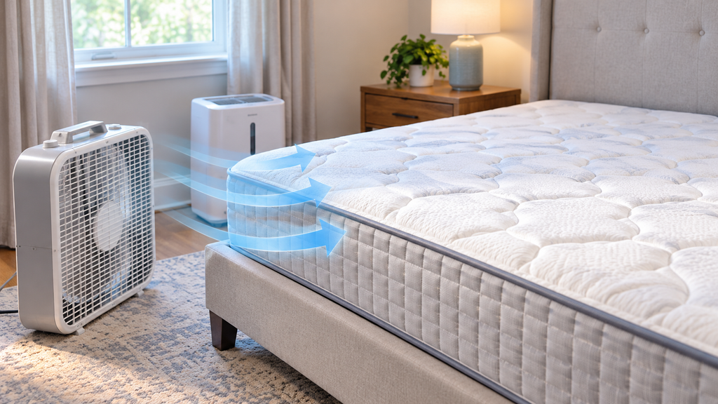 Box fan directed across an uncovered mattress to help dry the fabric after spot cleaning.