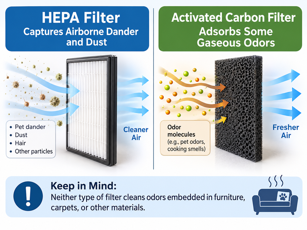 Diagram comparing HEPA filtration for airborne dog dander with activated carbon filtration for some gaseous odors.