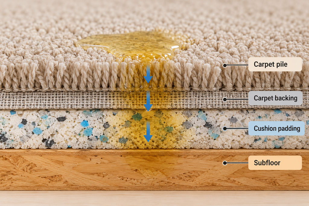 Cross-section showing carpet pile, backing, padding, and subfloor where dog urine may penetrate.