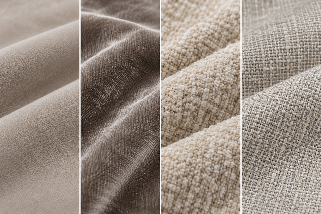 Close-up comparison of microfiber, velvet, chenille, and cotton-linen fabrics commonly used in dog sofa covers.