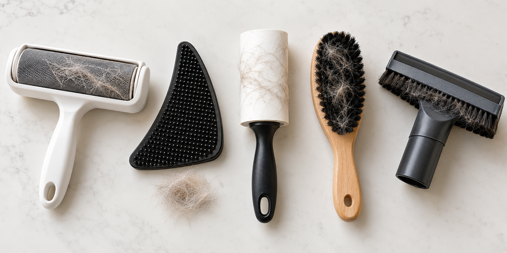 Five pet hair removal tools arranged side by side: reusable roller, rubber detailer, adhesive lint roller, garment brush, and vacuum attachment.