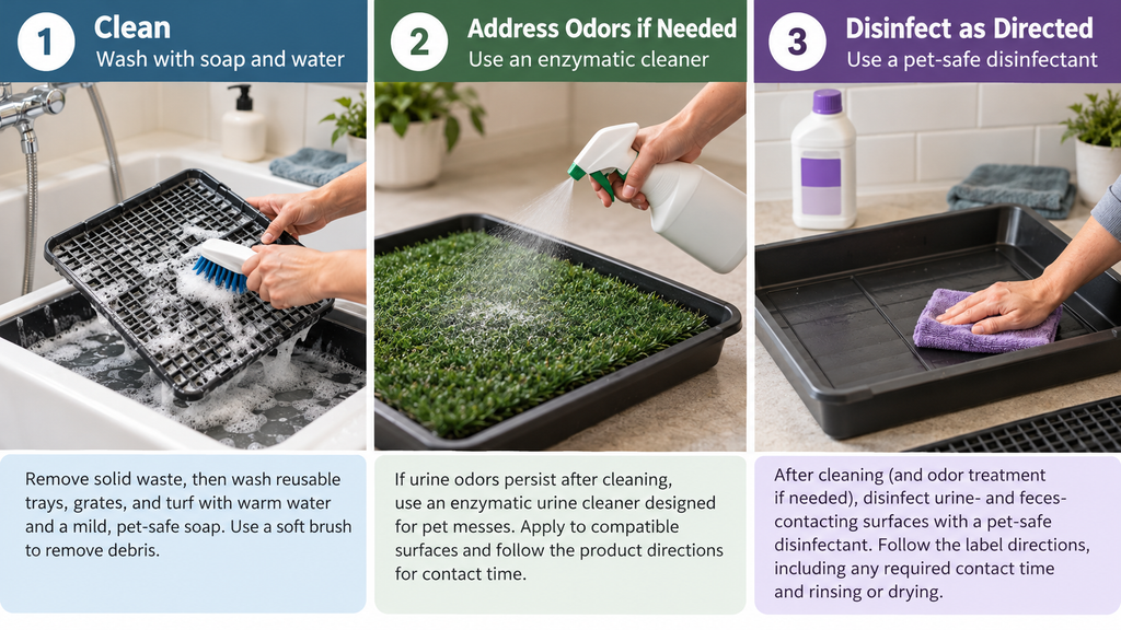 Three stages of indoor dog toilet hygiene: washing reusable equipment, treating lingering urine odors when needed, and disinfecting compatible washable surfaces.
