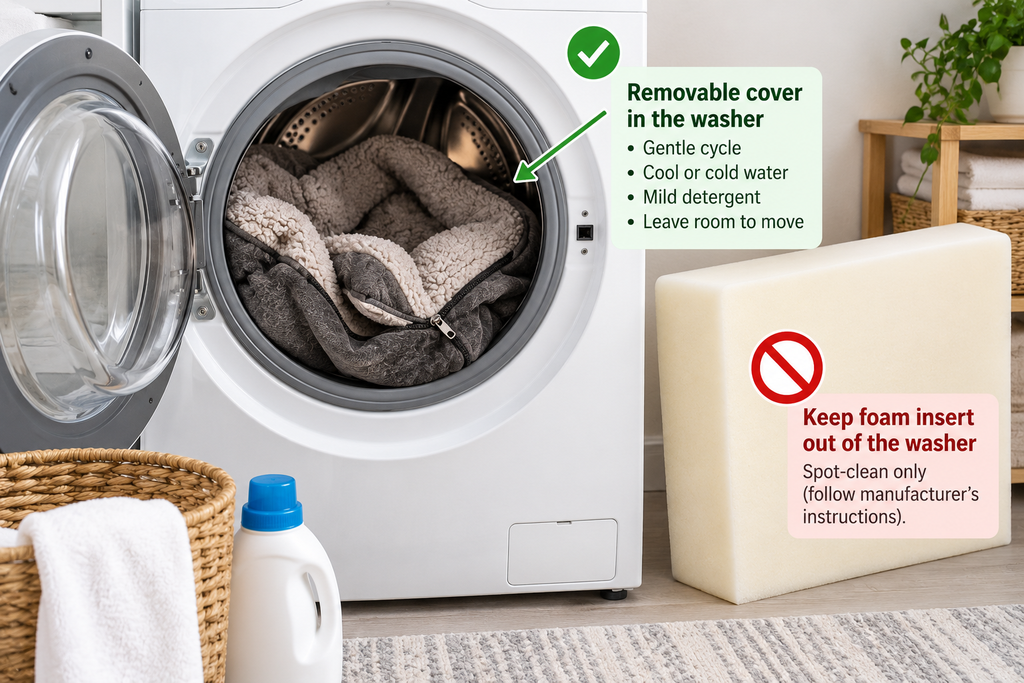 Removable fabric dog bed cover placed loosely in a front-loading washer with room to move