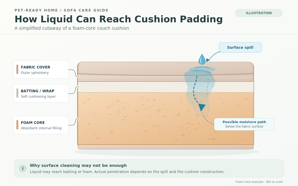 Cross-section of a fabric couch cushion showing upholstery, batting, foam filling, and possible liquid penetration.