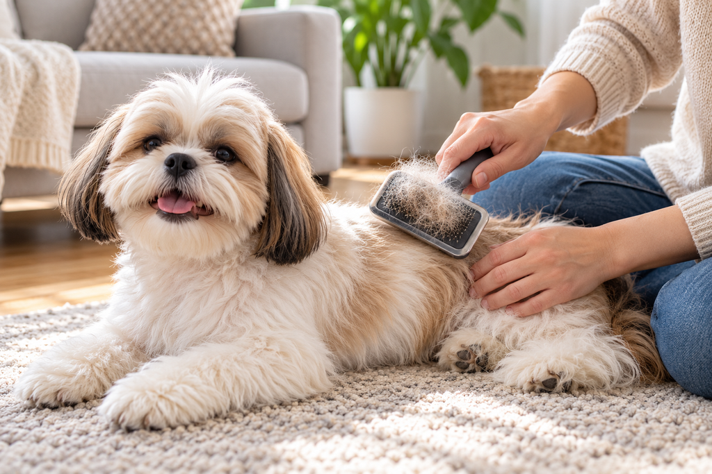 Small fluffy Shih Tzu being gently groomed with a slicker brush to remove loose fur in a comfortable living room.