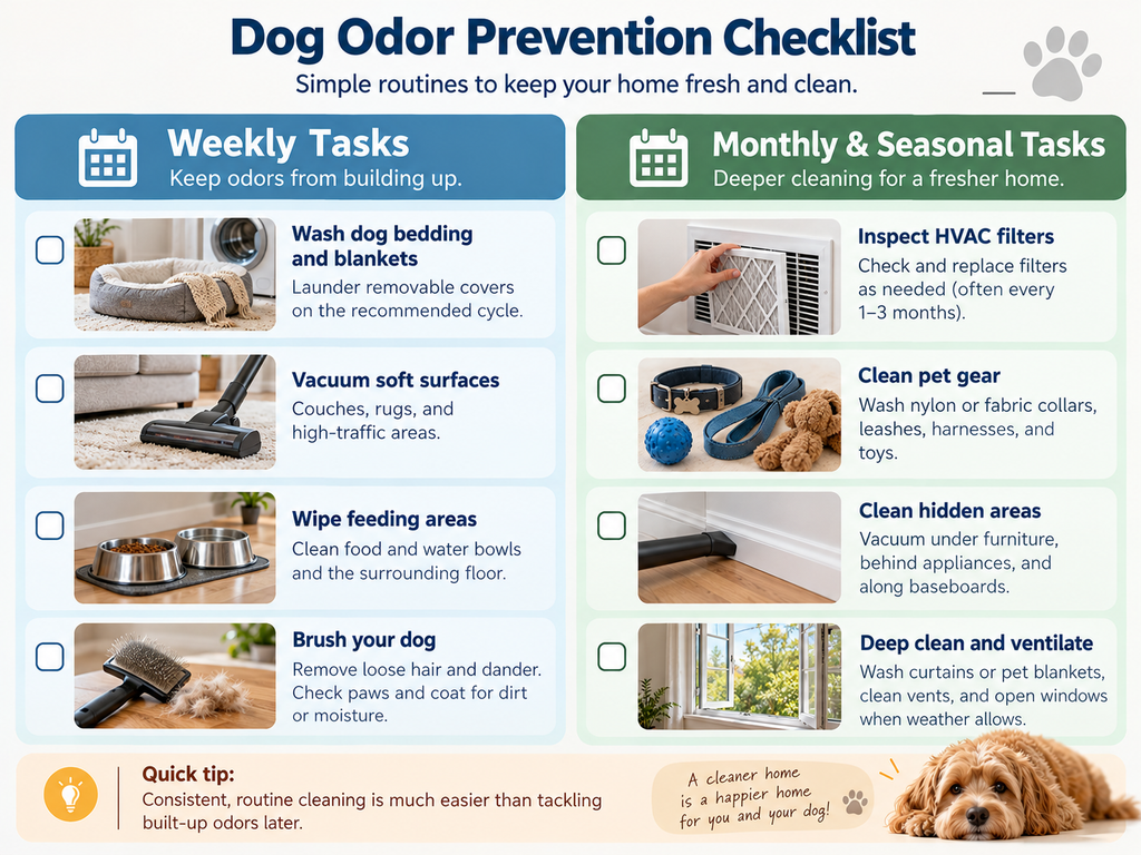 Weekly and monthly dog odor prevention checklist showing bedding laundry, vacuuming, pet gear cleaning, and HVAC filter inspections.