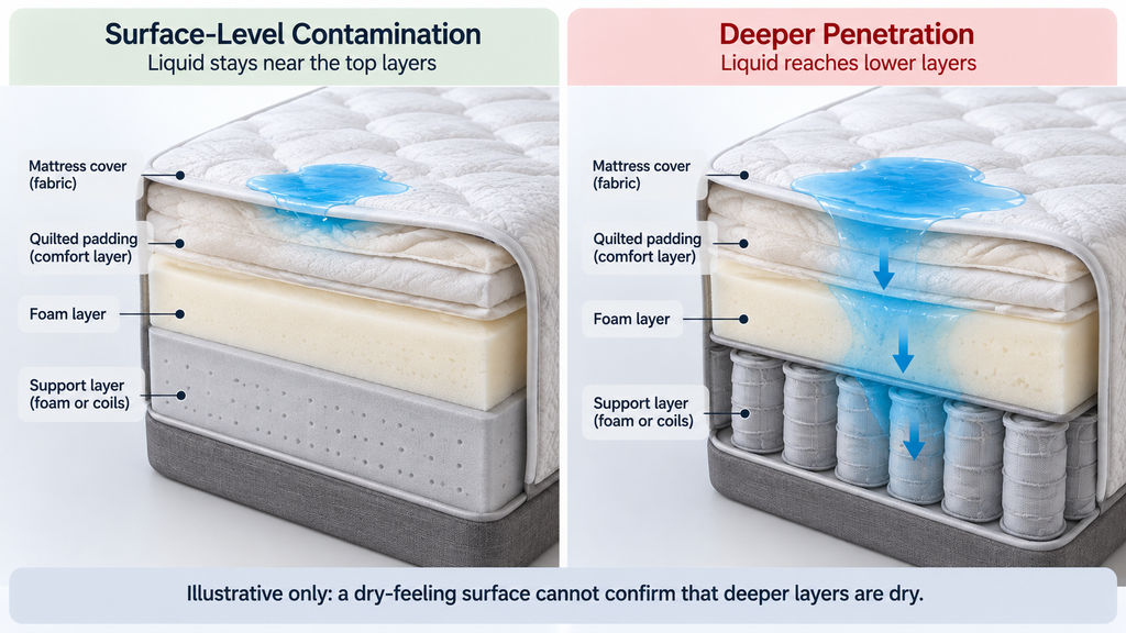 Cutaway diagram comparing a surface-level urine spot with liquid penetrating deeper mattress foam layers.
