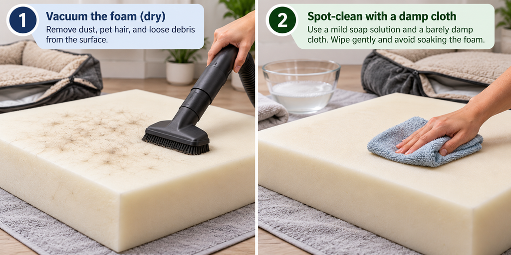Solid dog bed foam being vacuumed and gently wiped with a barely damp cloth