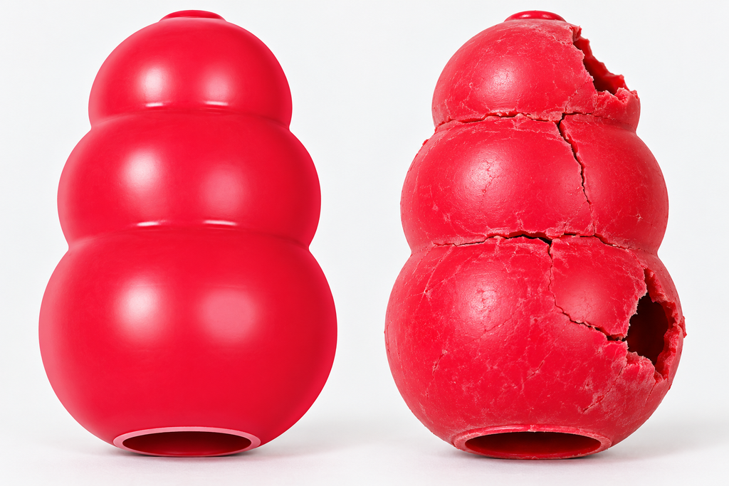 Intact rubber dog enrichment toy beside a cracked and damaged toy that should be discarded.