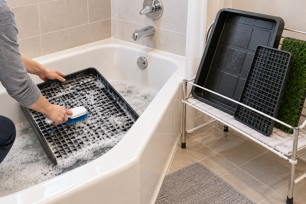 Reusable dog potty tray being washed with soapy water and a soft brush in a cleared bathroom bathtub.
