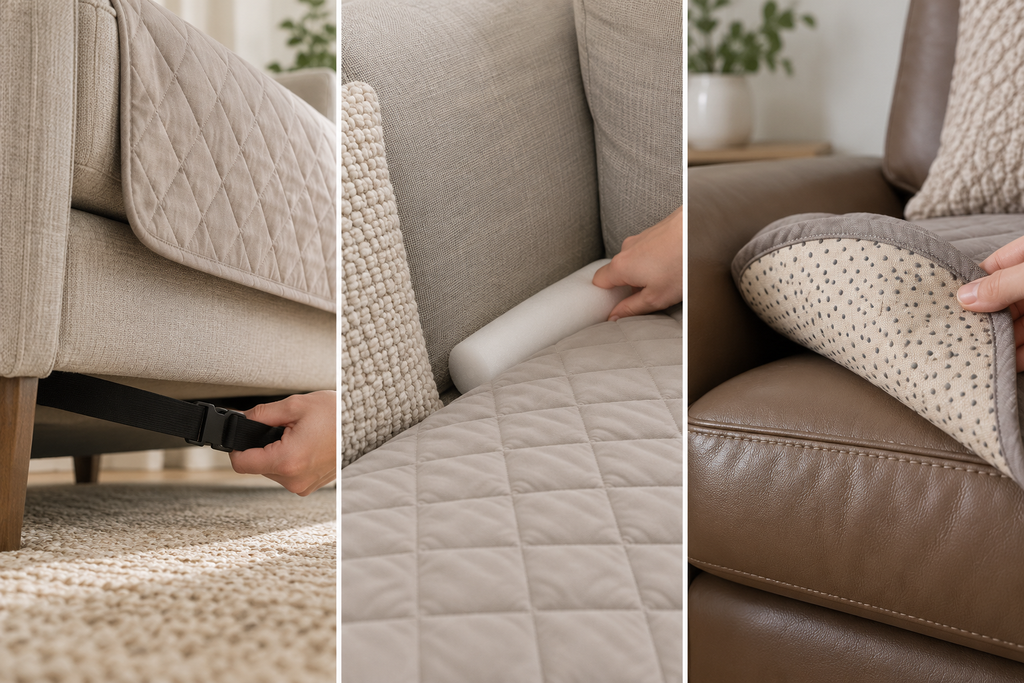 Close-up comparison of elastic straps, foam tuck anchors, and textured grip backing used to keep dog sofa covers from slipping