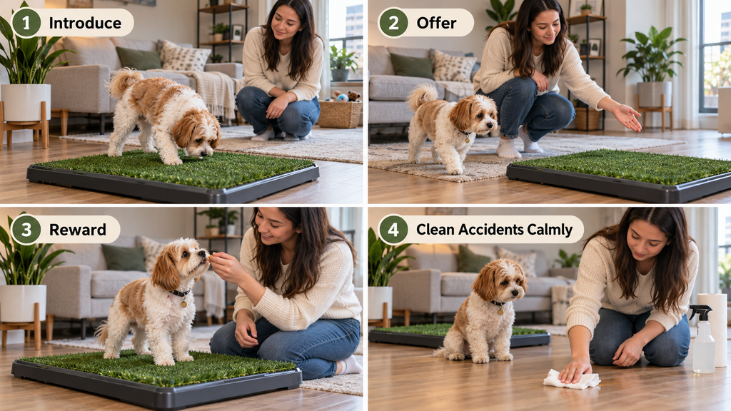 Four-stage indoor dog potty training sequence showing surface introduction, scheduled potty opportunities, immediate rewards, and calm accident cleanup.