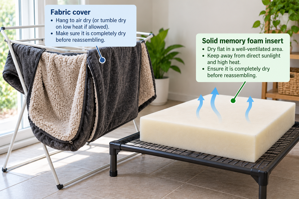 Dog bed fabric cover hanging to dry and solid foam insert drying flat on a ventilated rack
