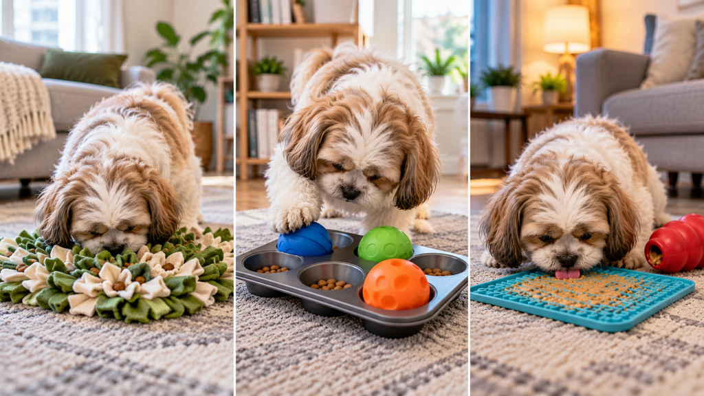 Three indoor dog activities for a rainy day: morning foraging, a midday puzzle, and an evening lick mat.