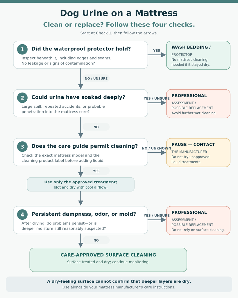 Decision flowchart for dog urine on a mattress, covering protector leaks, possible deep saturation, cleaning restrictions, and replacement.