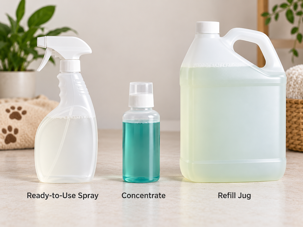 Trigger spray, concentrate bottle, and refill jug for pet urine cleaning