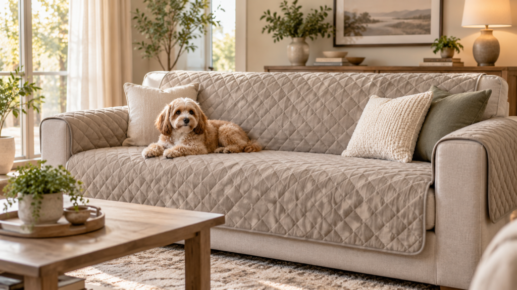 Small fluffy dog resting on a modern sofa covered with a quilted protective dog sofa cover in a bright neutral living room.