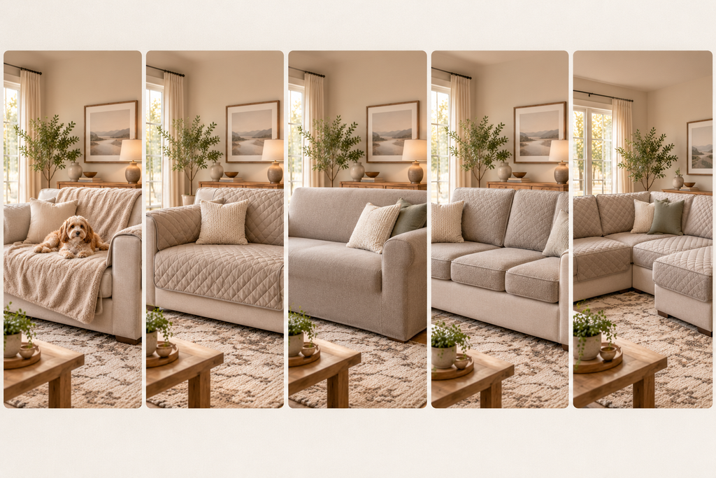 Five-panel comparison showing throw cover, quilted panel protector, full slipcover, cushion overcovers, and sectional cover styles for dog sofa protection.