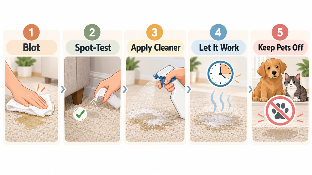 Five illustrated steps for cleaning dog urine with an enzyme cleaner